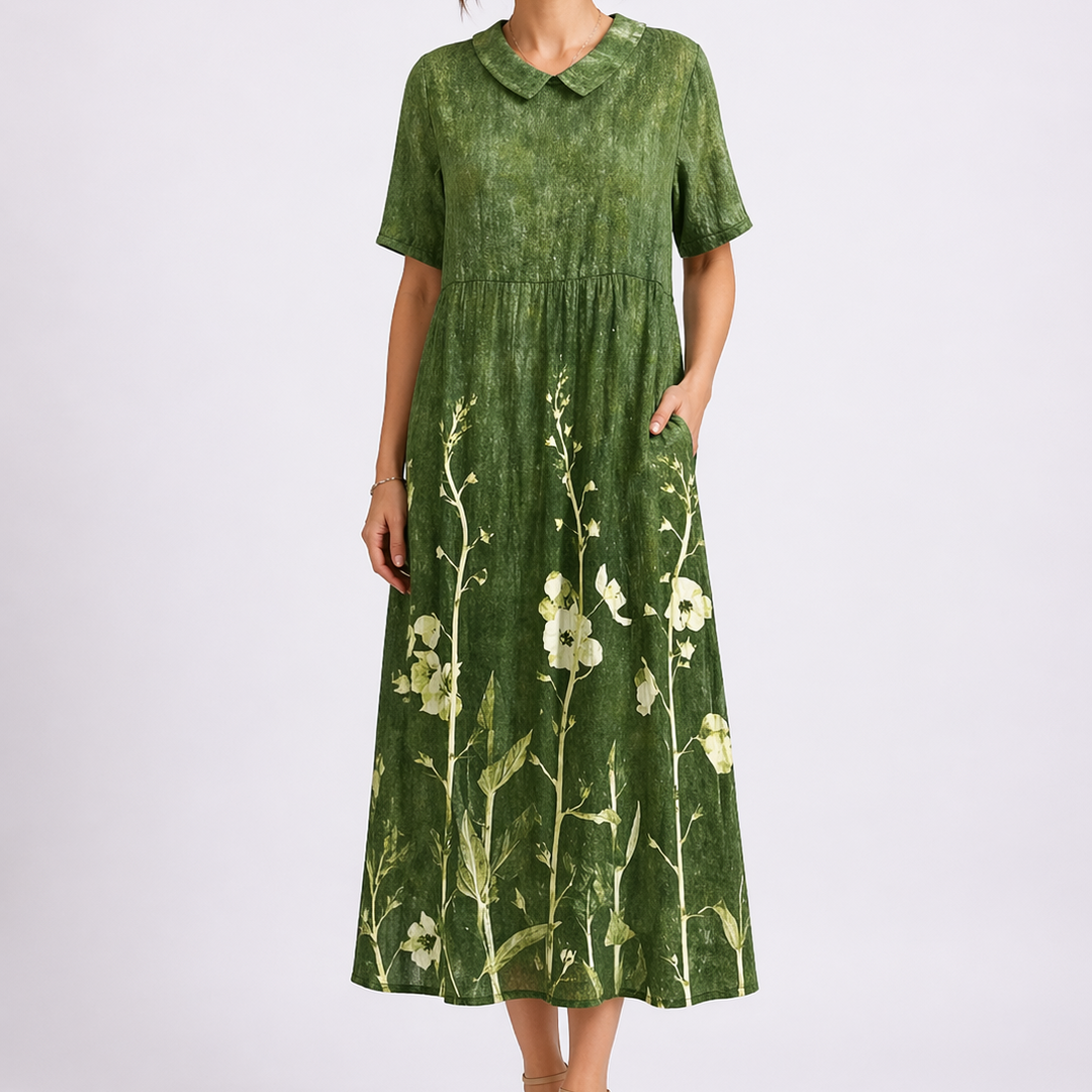 Floral Linen V Neck Short Sleeve Button Gathered Casual Maxi Dress