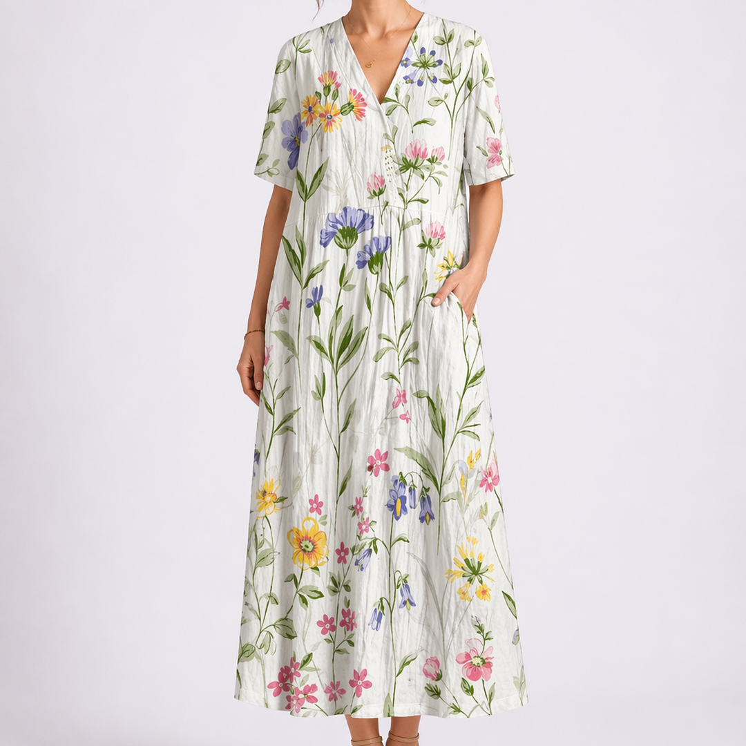 Floral Linen V Neck Short Sleeve Button Gathered Casual Maxi Dress