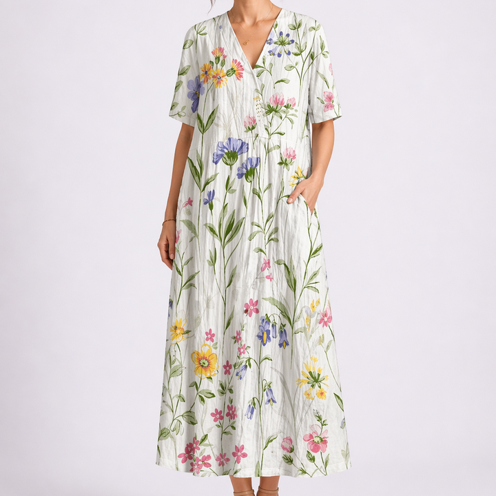 Floral Linen V Neck Short Sleeve Button Gathered Casual Maxi Dress