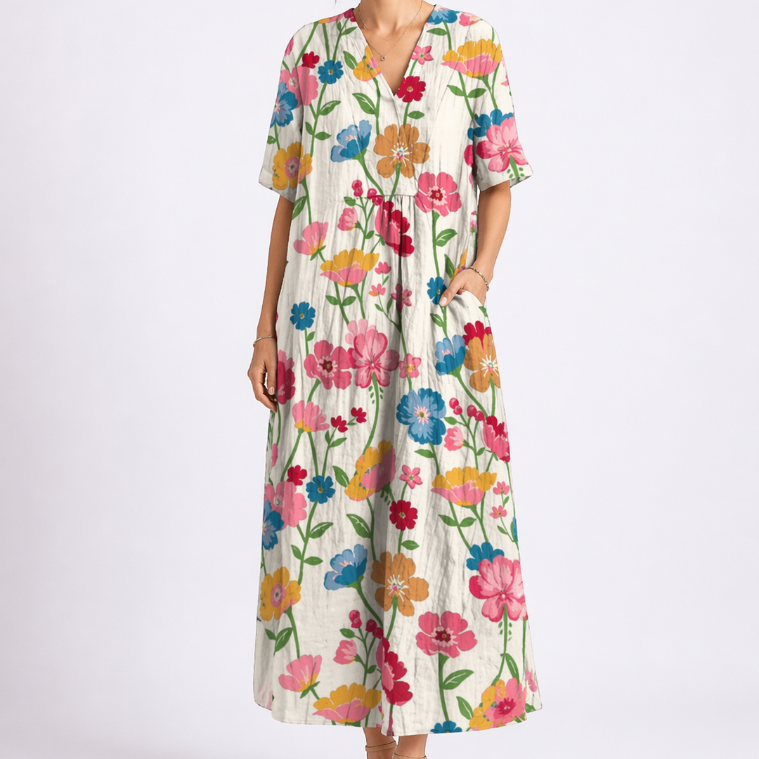 Floral Linen V Neck Short Sleeve Button Gathered Casual Maxi Dress