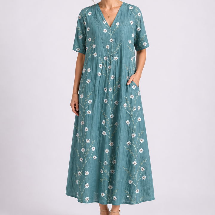 Floral Linen V Neck Short Sleeve Button Gathered Casual Maxi Dress