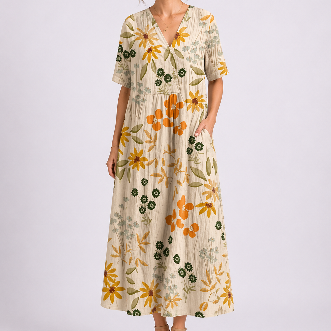Floral Linen V Neck Short Sleeve Button Gathered Casual Maxi Dress