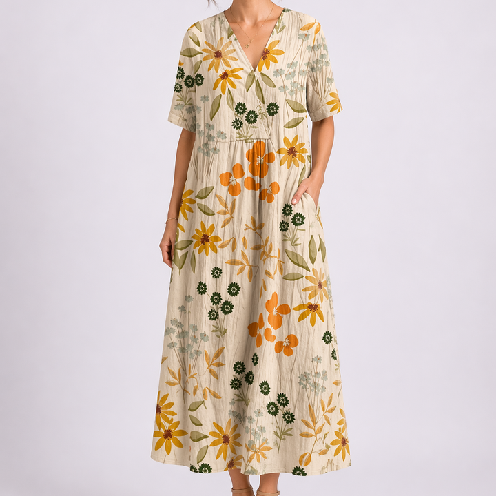 Floral Linen V Neck Short Sleeve Button Gathered Casual Maxi Dress