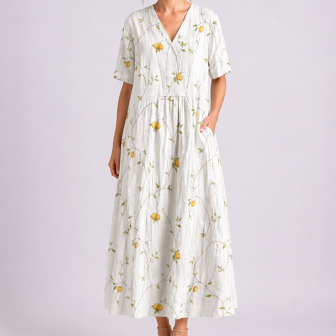 Floral Linen V Neck Short Sleeve Button Gathered Casual Maxi Dress