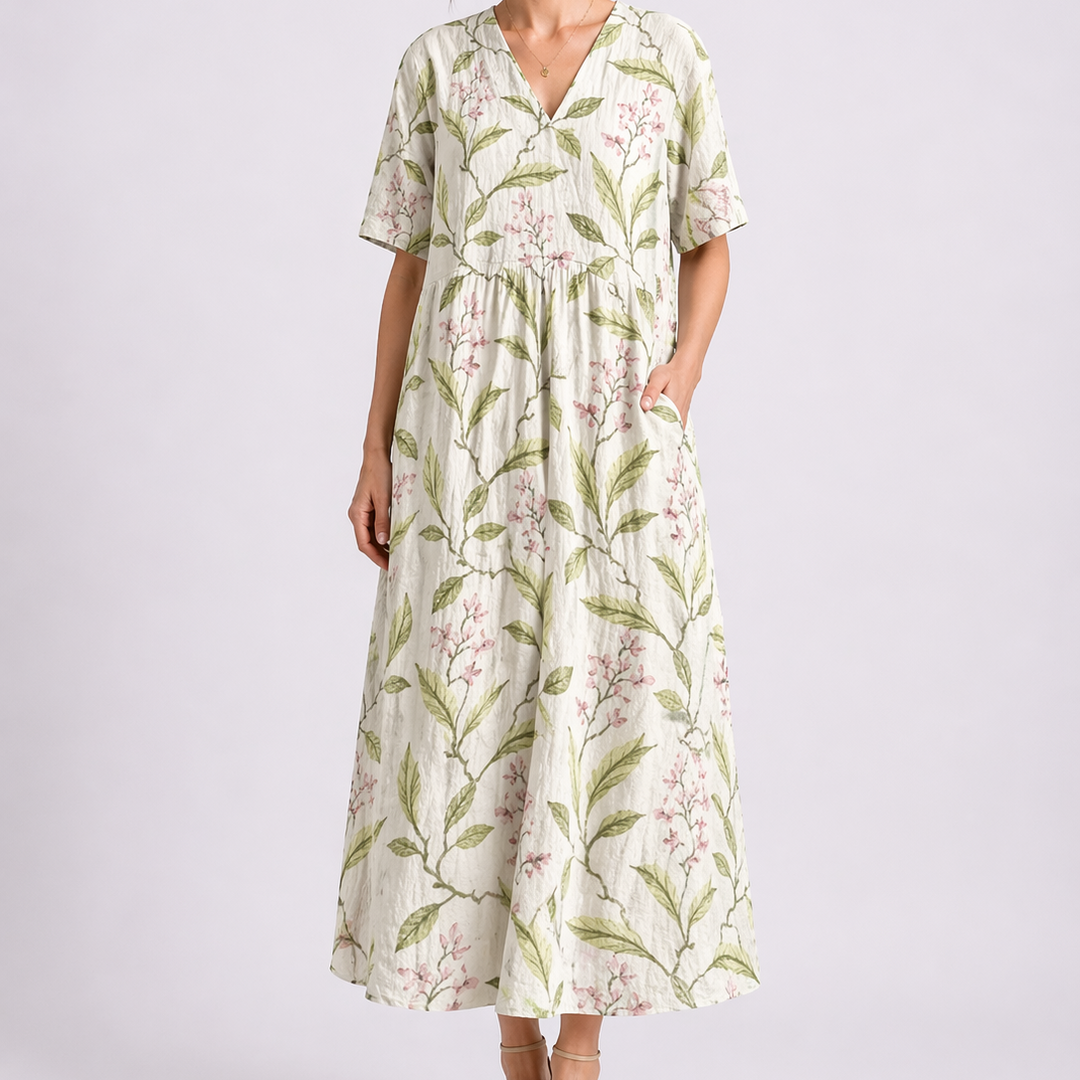 Floral Linen V Neck Short Sleeve Button Gathered Casual Maxi Dress