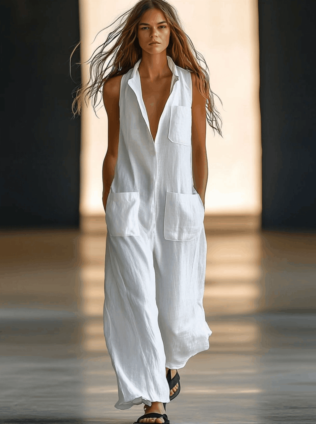 Collared Deep V-Neck Patch Pocket Sleeveless Linen Jumpsuit
