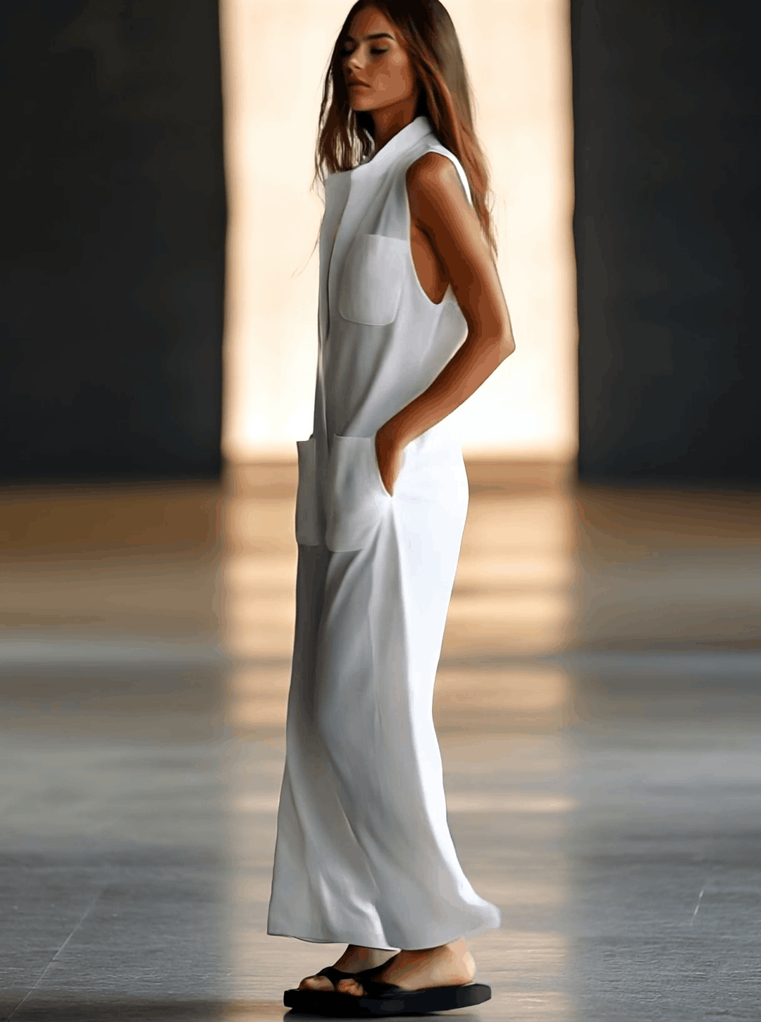 Collared Deep V-Neck Patch Pocket Sleeveless Linen Jumpsuit