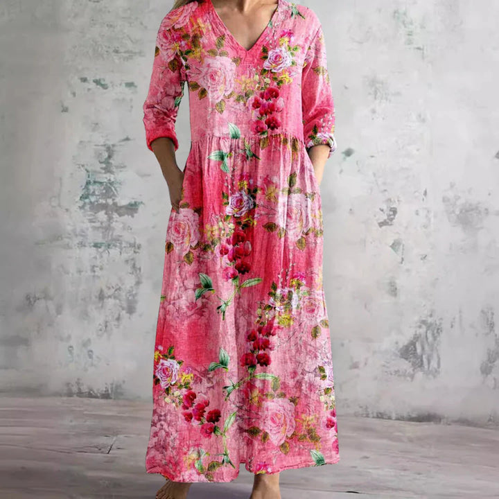 Floral Cotton V Neck Three Quarter Sleeve Oversized Casual Maxi Dress