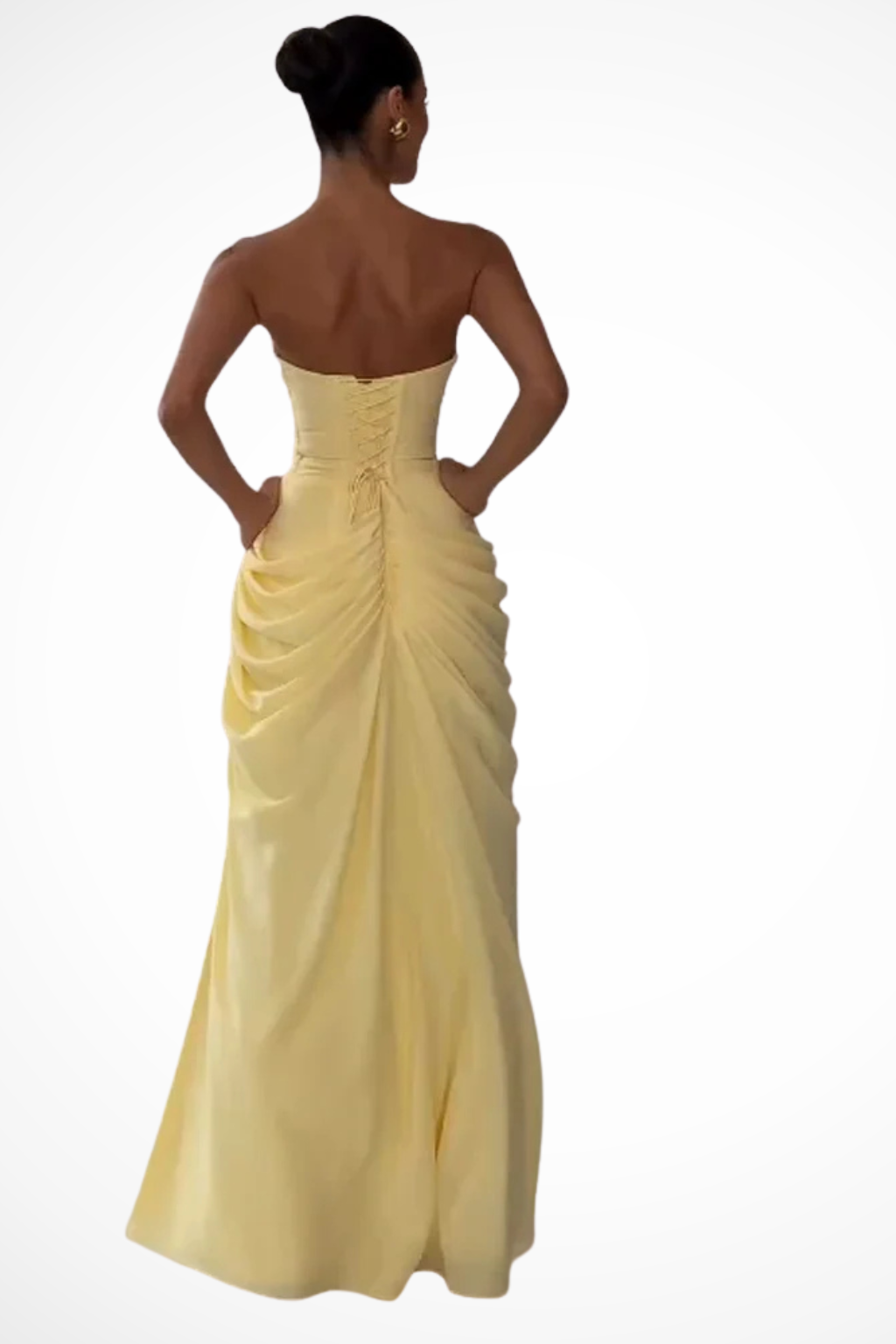 Strapless Ruched Bodice Draped Skirt Side Slit Maxi Dress - Formal Evening Gown