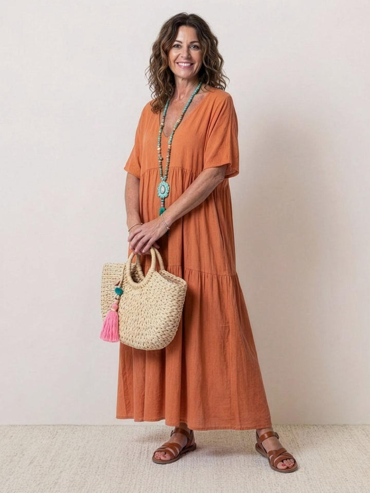 Tiered Short Sleeve V Neck Boho Maxi Dress