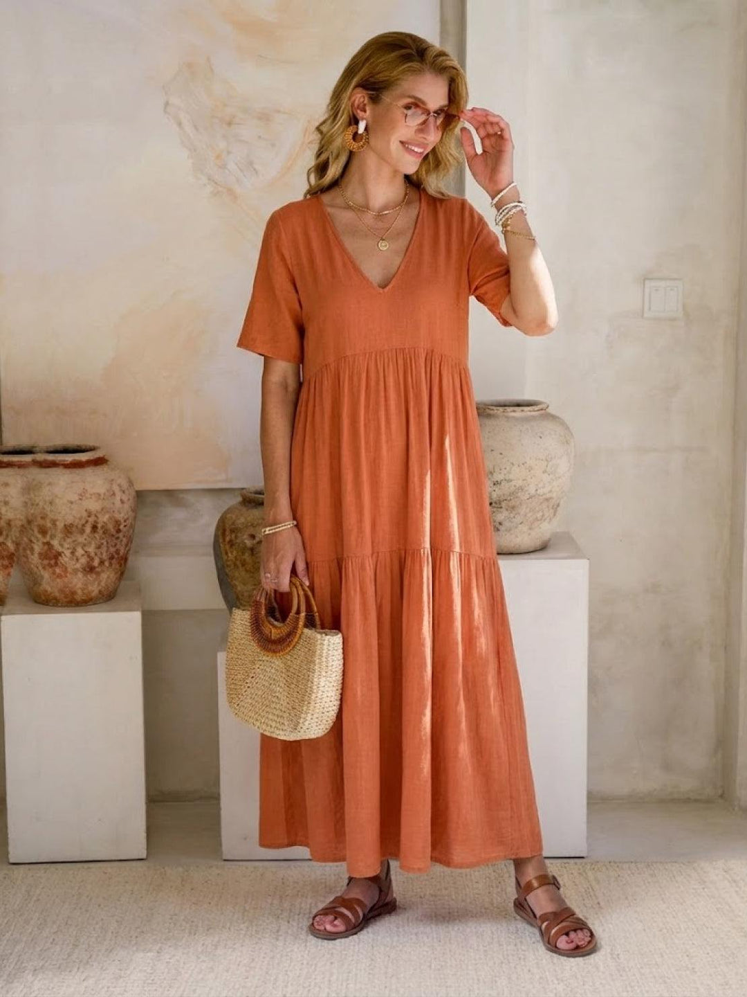 Tiered Short Sleeve V Neck Boho Maxi Dress