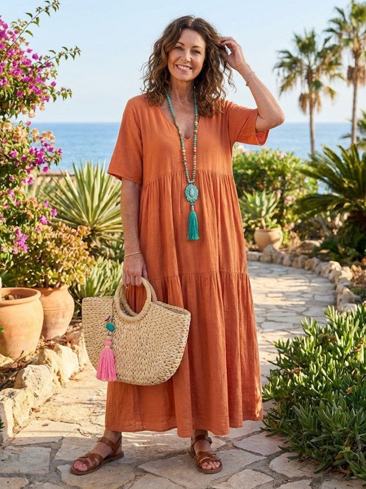 Tiered Short Sleeve V Neck Boho Maxi Dress