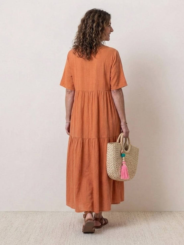 Tiered Short Sleeve V Neck Boho Maxi Dress