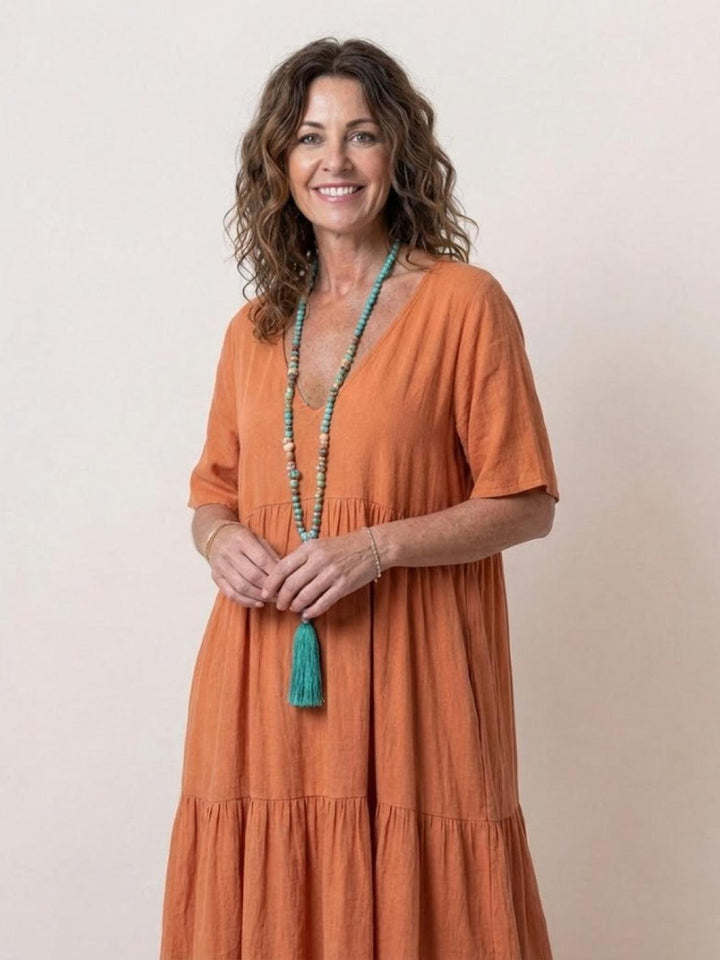 Tiered Short Sleeve V Neck Boho Maxi Dress