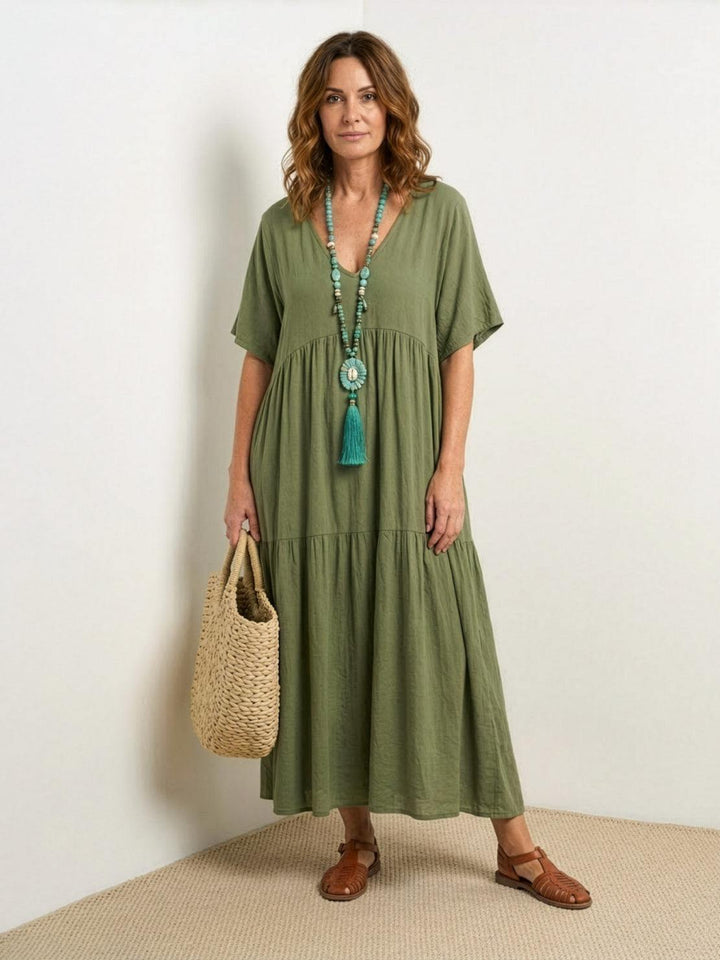 Tiered Short Sleeve V Neck Boho Maxi Dress