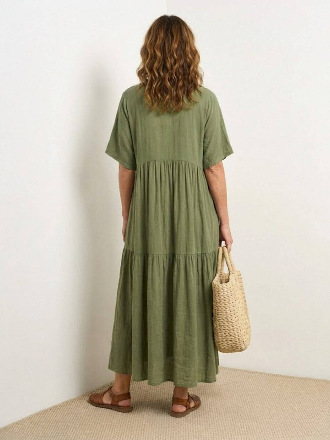 Tiered Short Sleeve V Neck Boho Maxi Dress