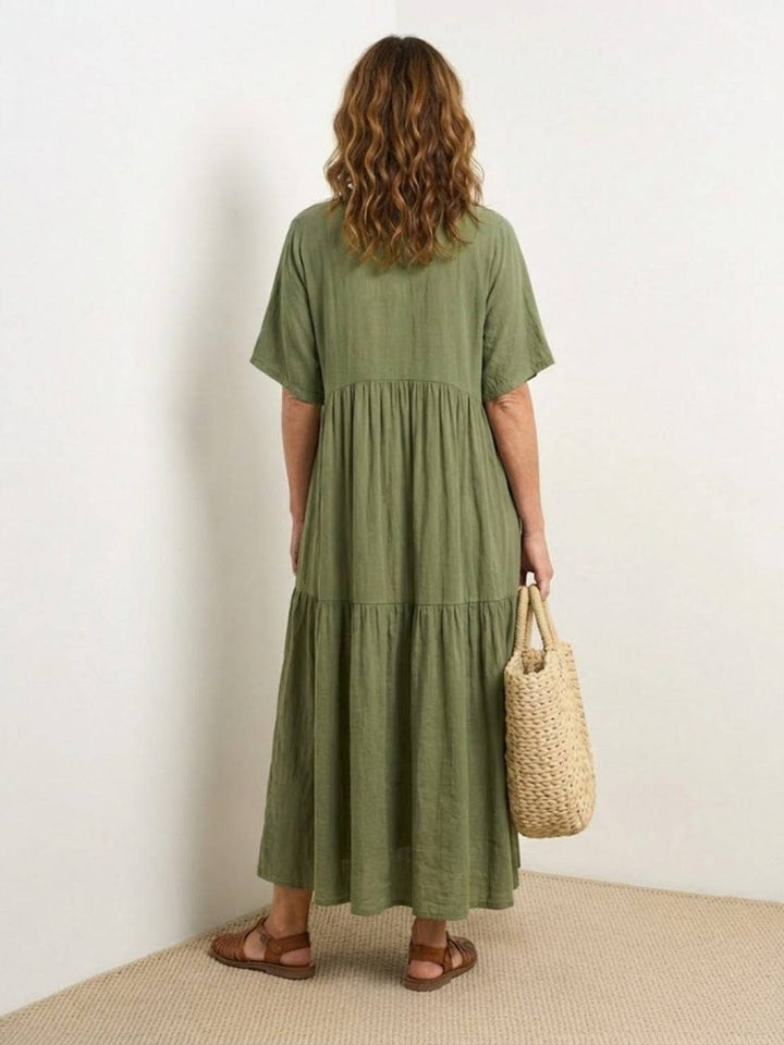 Tiered Short Sleeve V Neck Boho Maxi Dress