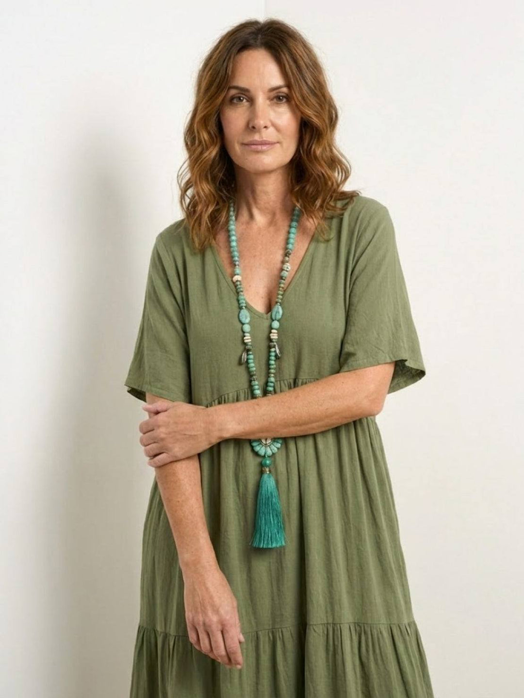 Tiered Short Sleeve V Neck Boho Maxi Dress