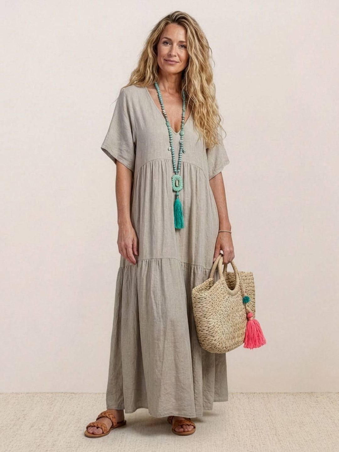 Tiered Short Sleeve V Neck Boho Maxi Dress