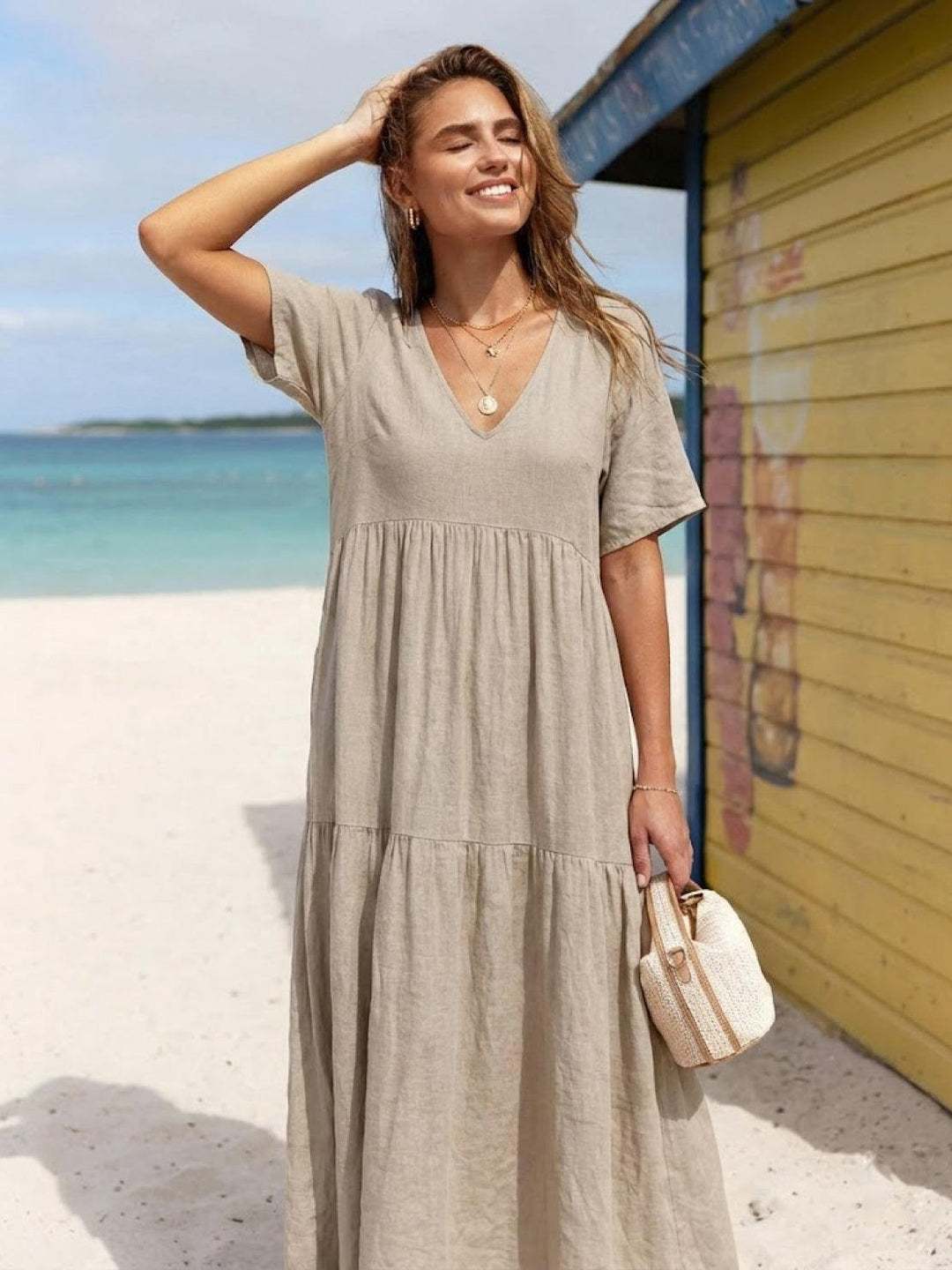 Tiered Short Sleeve V Neck Boho Maxi Dress