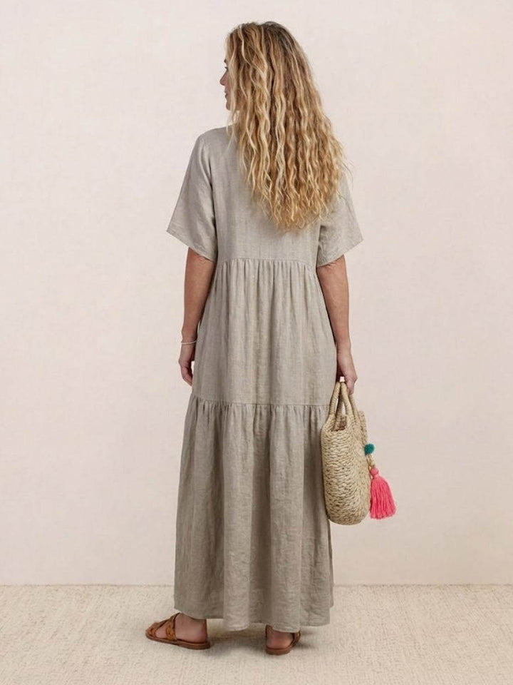 Tiered Short Sleeve V Neck Boho Maxi Dress