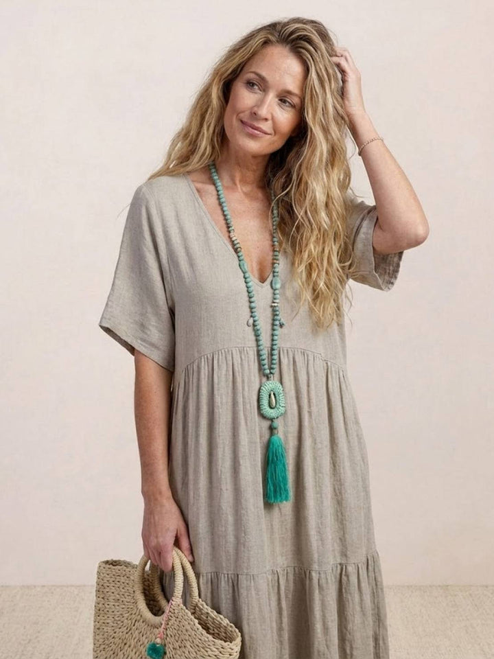 Tiered Short Sleeve V Neck Boho Maxi Dress