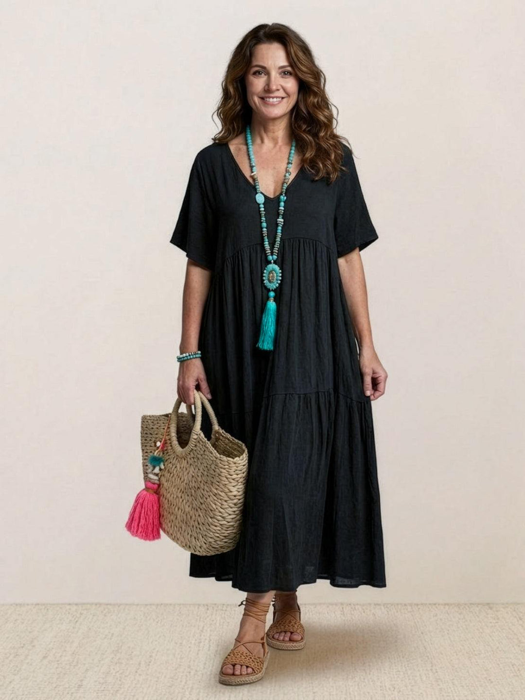 Tiered Short Sleeve V Neck Boho Maxi Dress
