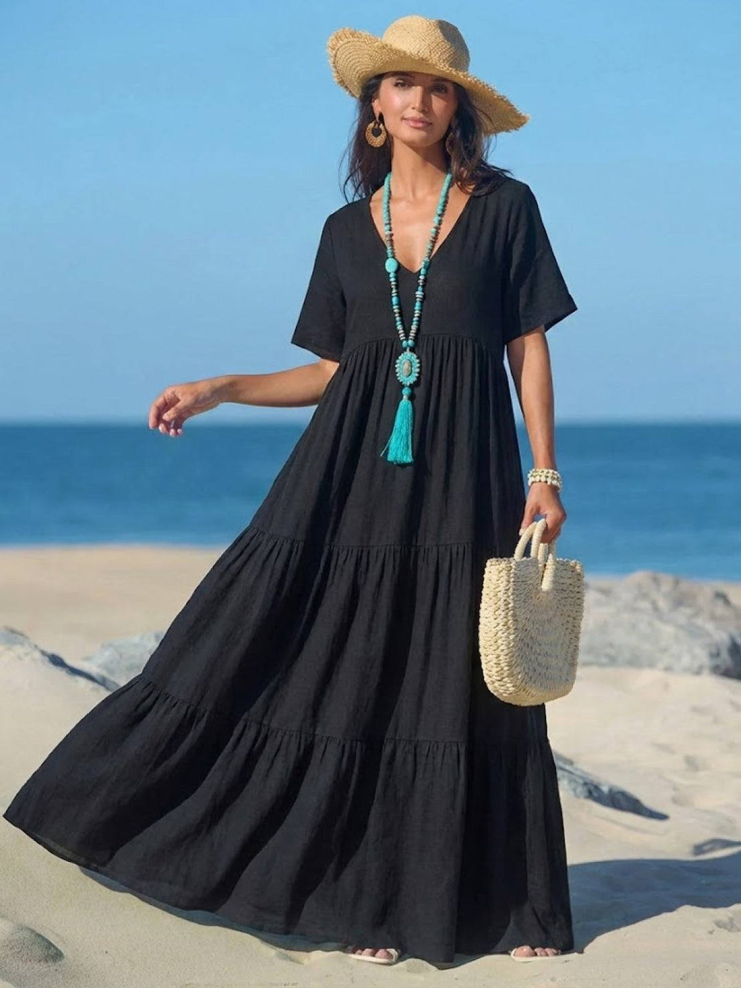 Tiered Short Sleeve V Neck Boho Maxi Dress