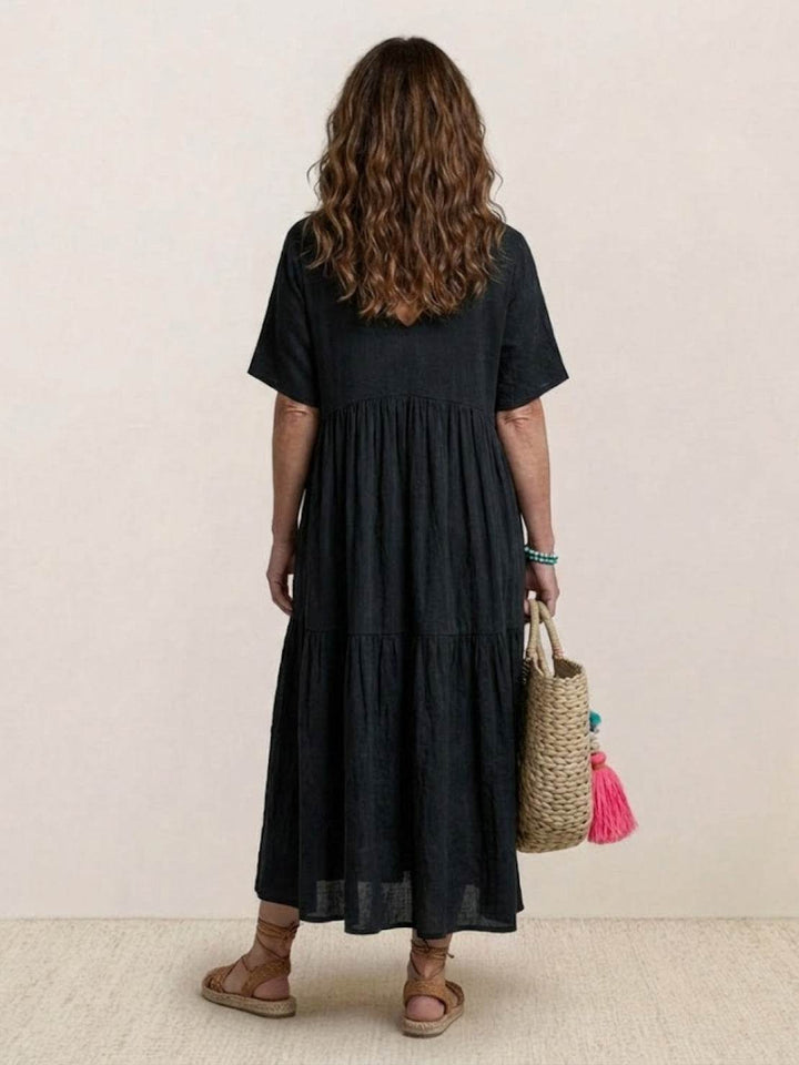 Tiered Short Sleeve V Neck Boho Maxi Dress