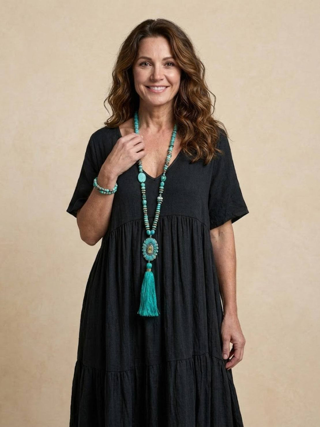 Tiered Short Sleeve V Neck Boho Maxi Dress