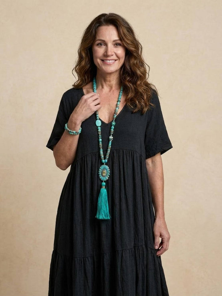 Tiered Short Sleeve V Neck Boho Maxi Dress