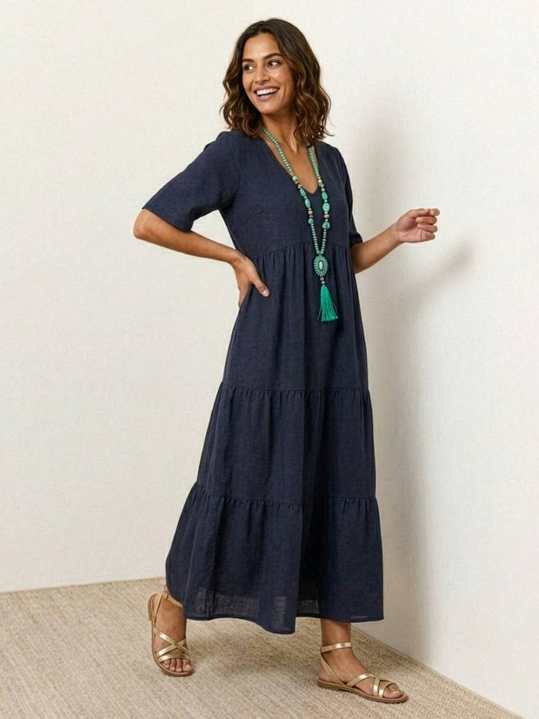 Tiered Short Sleeve V Neck Boho Maxi Dress