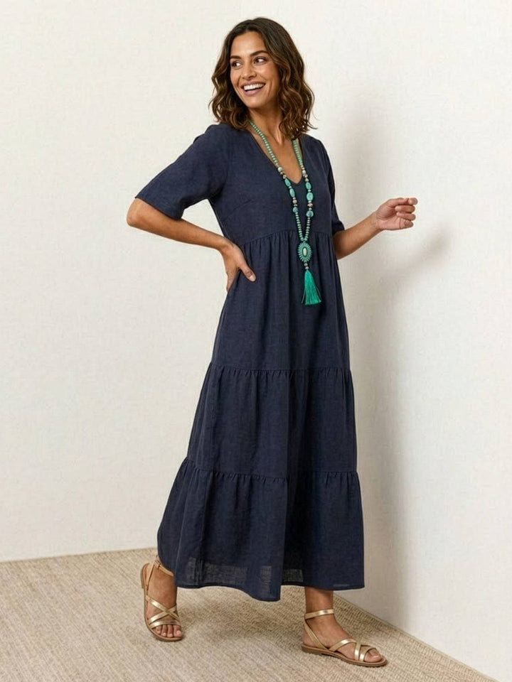 Tiered Short Sleeve V Neck Boho Maxi Dress
