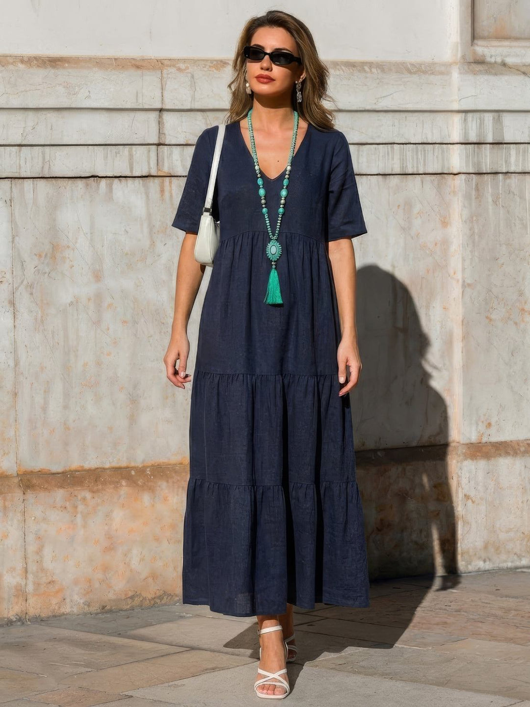 Tiered Short Sleeve V Neck Boho Maxi Dress