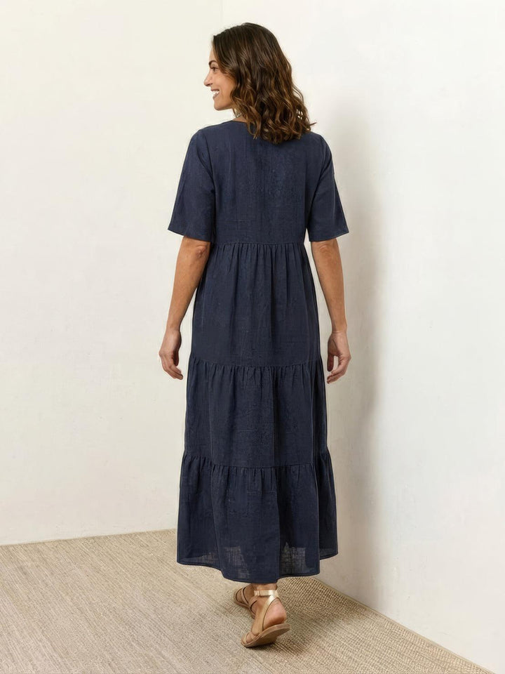 Tiered Short Sleeve V Neck Boho Maxi Dress