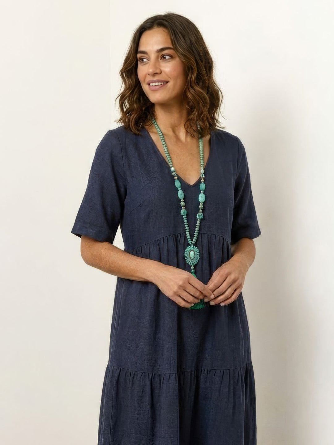 Tiered Short Sleeve V Neck Boho Maxi Dress