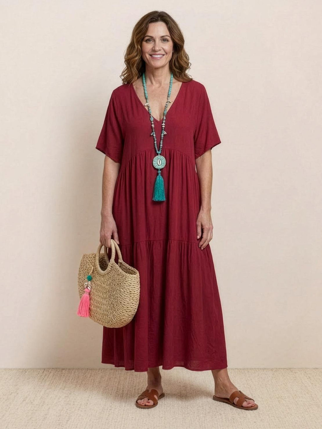 Tiered Short Sleeve V Neck Boho Maxi Dress