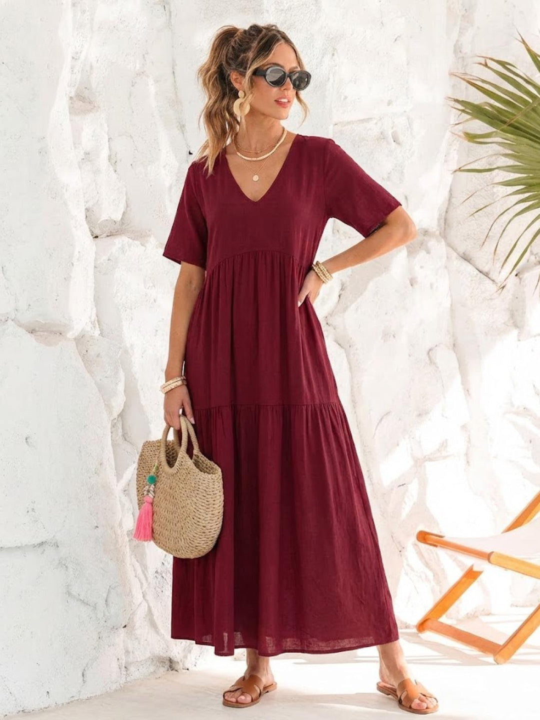 Tiered Short Sleeve V Neck Boho Maxi Dress