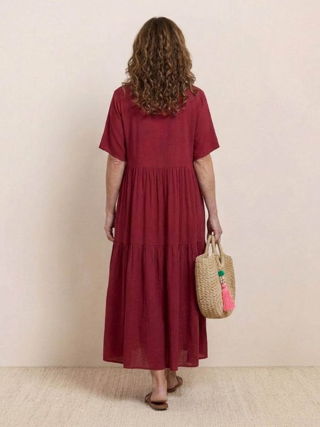 Tiered Short Sleeve V Neck Boho Maxi Dress