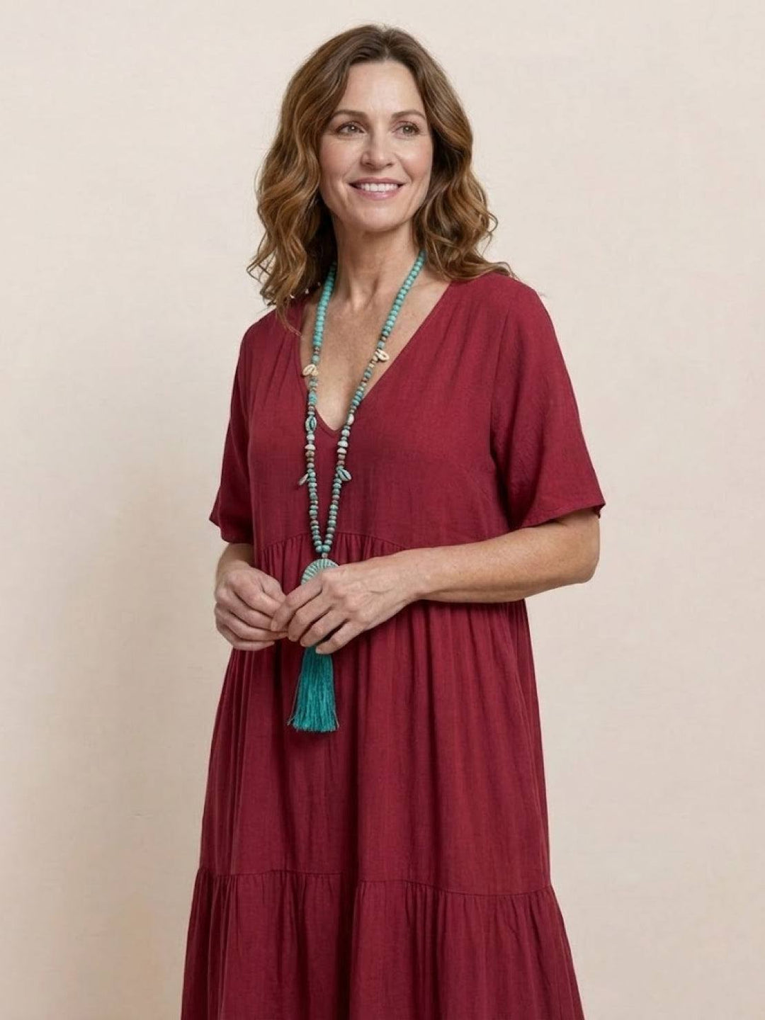 Tiered Short Sleeve V Neck Boho Maxi Dress