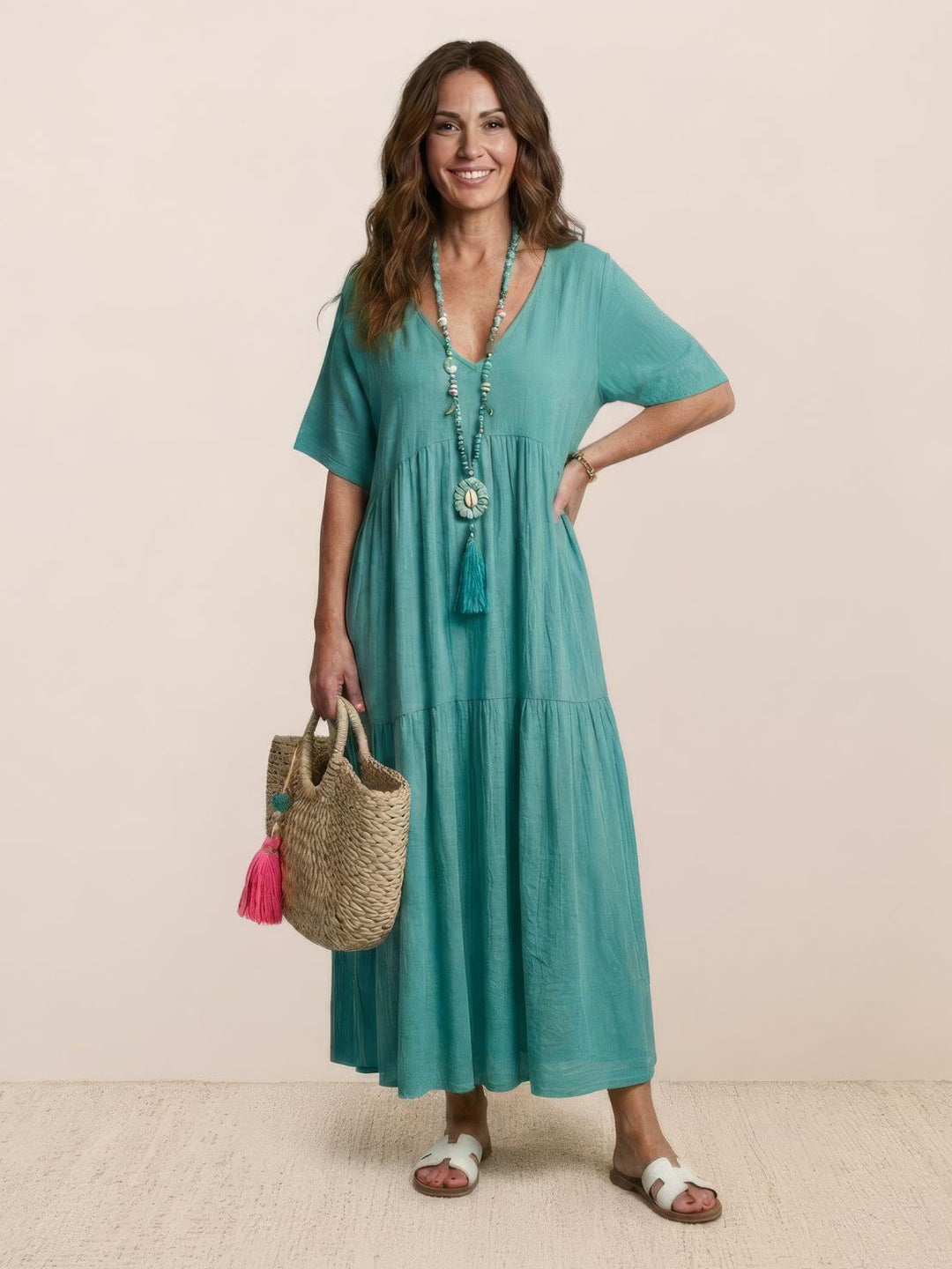 Tiered Short Sleeve V Neck Boho Maxi Dress