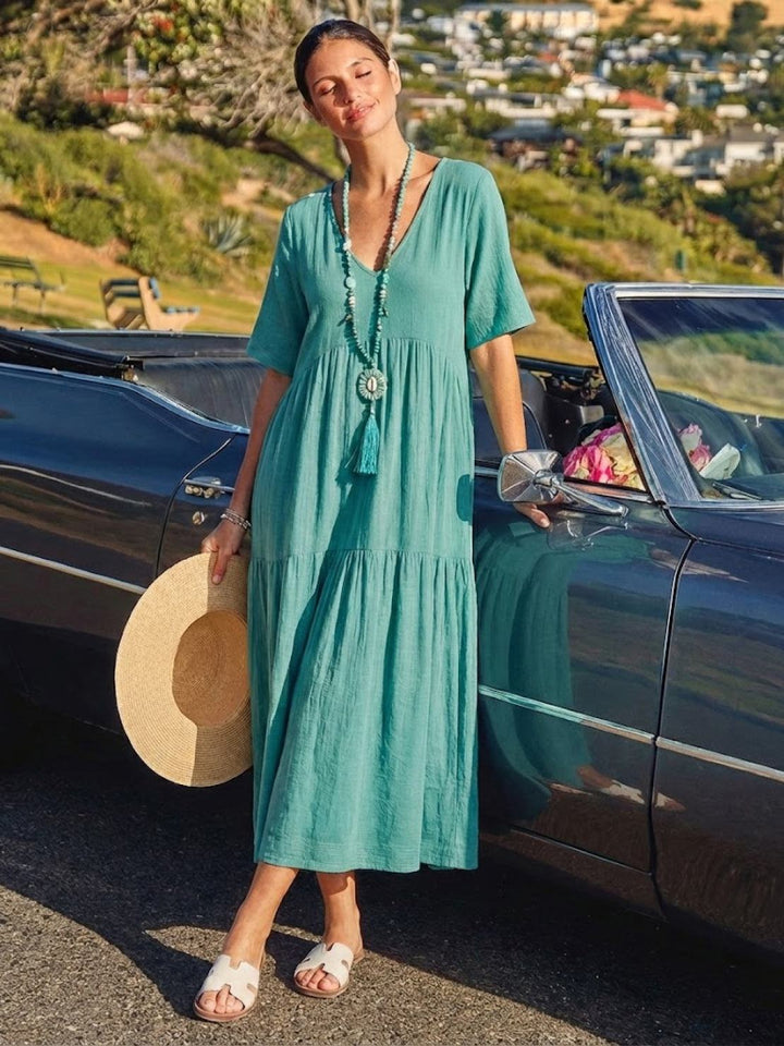 Tiered Short Sleeve V Neck Boho Maxi Dress