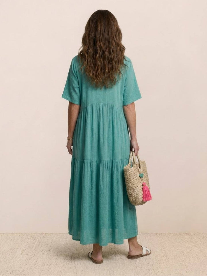 Tiered Short Sleeve V Neck Boho Maxi Dress