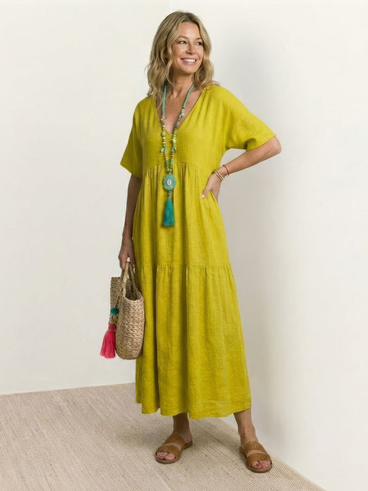 Tiered Short Sleeve V Neck Boho Maxi Dress