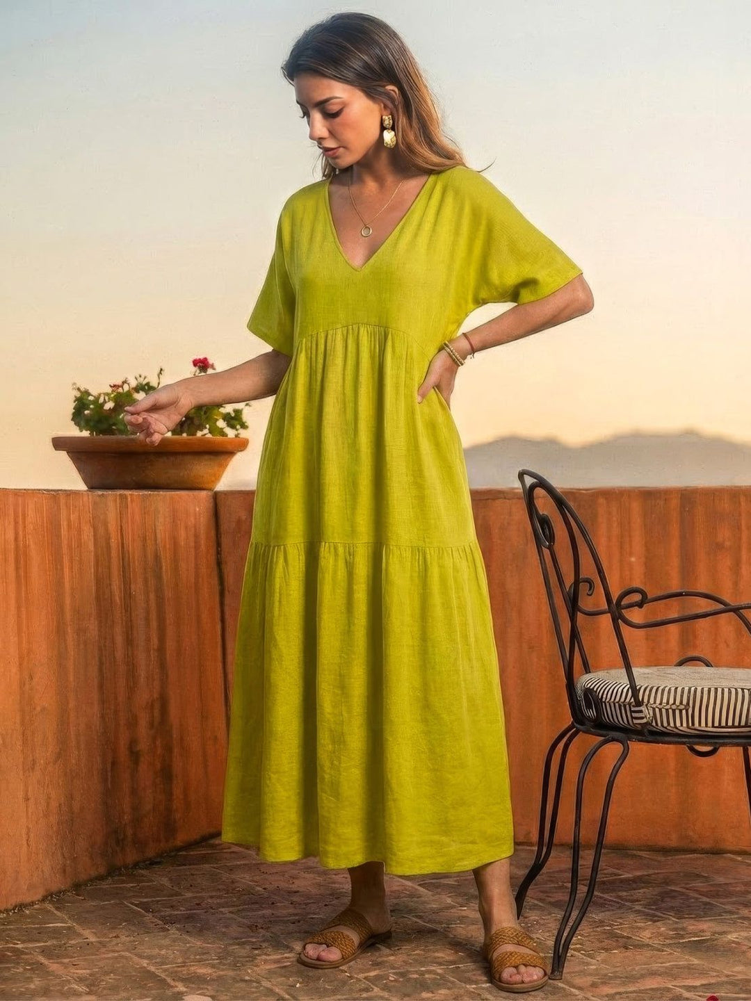 Tiered Short Sleeve V Neck Boho Maxi Dress