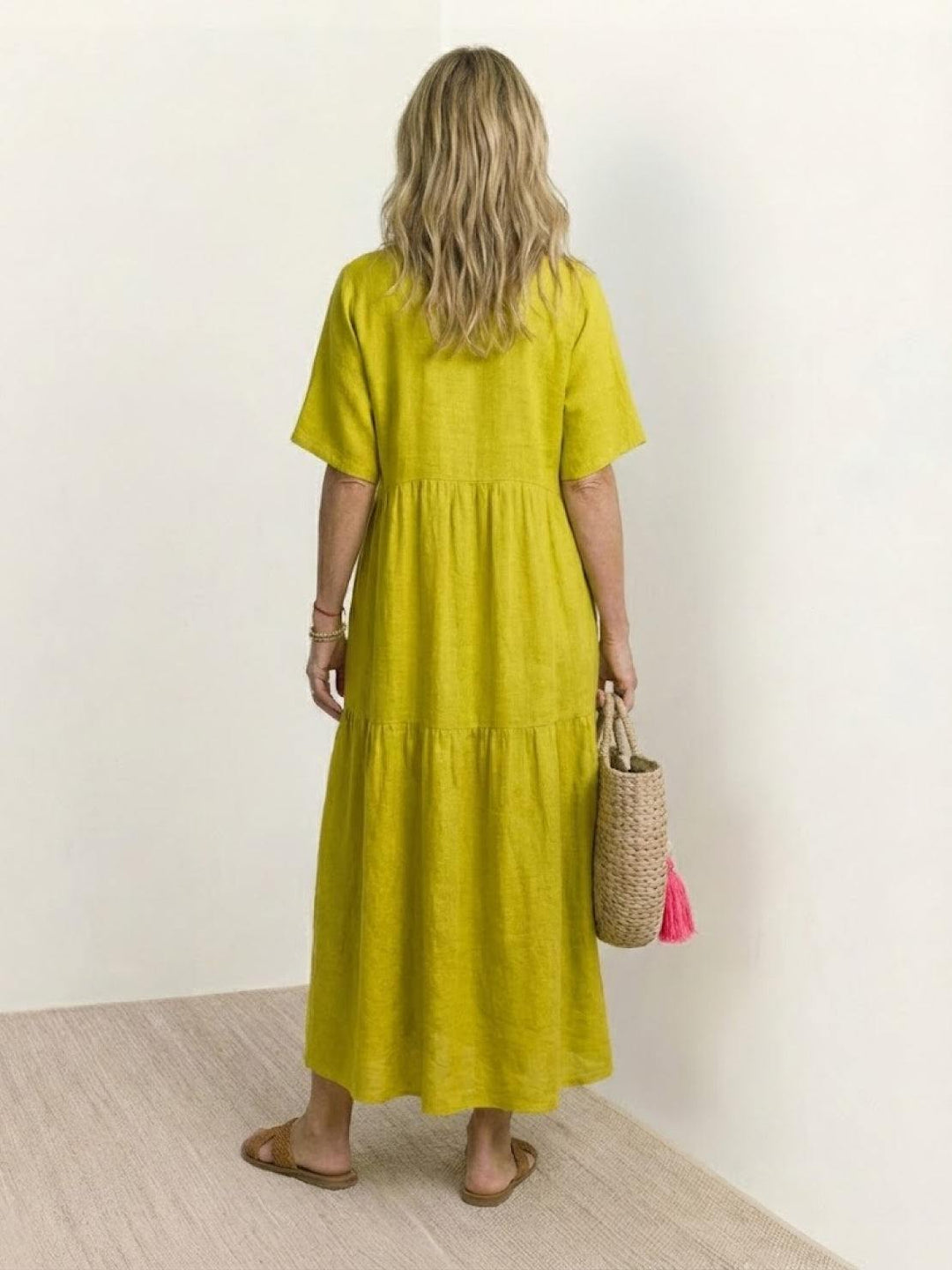 Tiered Short Sleeve V Neck Boho Maxi Dress