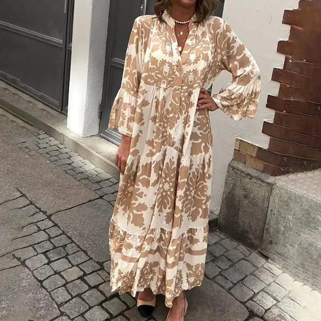 Baroque Print Lantern Sleeve Button Down Tiered Boho Maxi Dress
