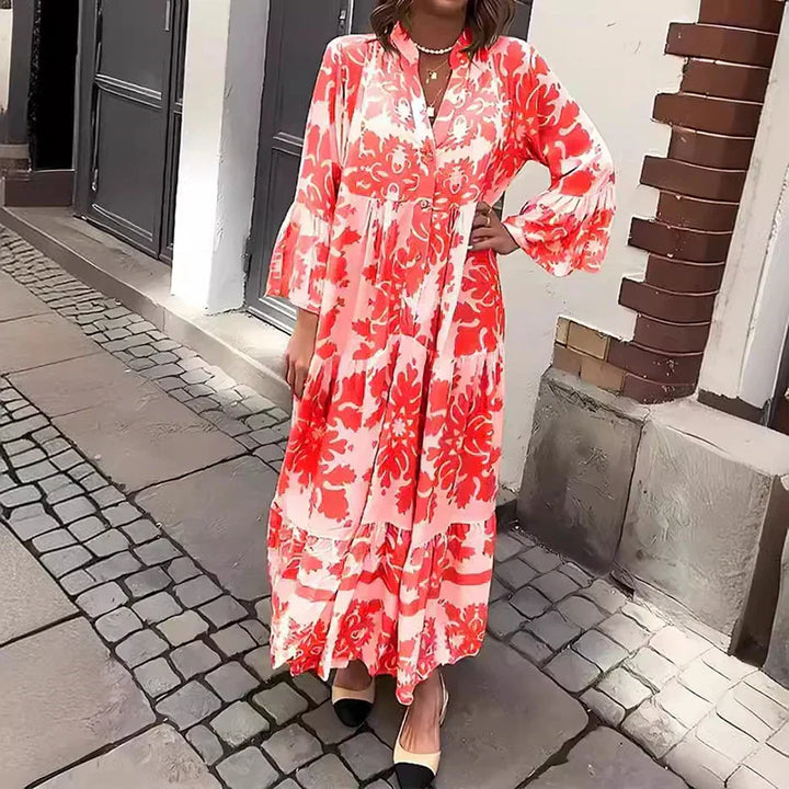 Baroque Print Lantern Sleeve Button Down Tiered Boho Maxi Dress