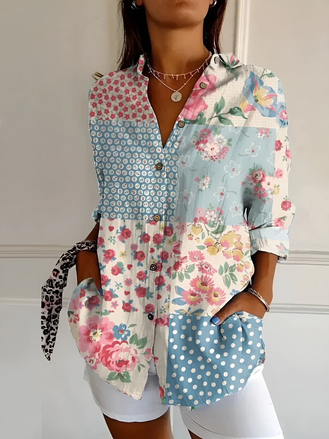 Oversized Floral Print Collar Neck Roll Sleeve Casual Shirt