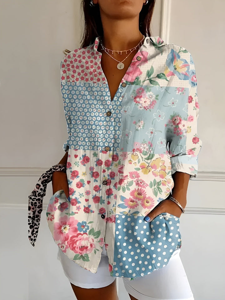 Oversized Floral Print Collar Neck Roll Sleeve Casual Shirt